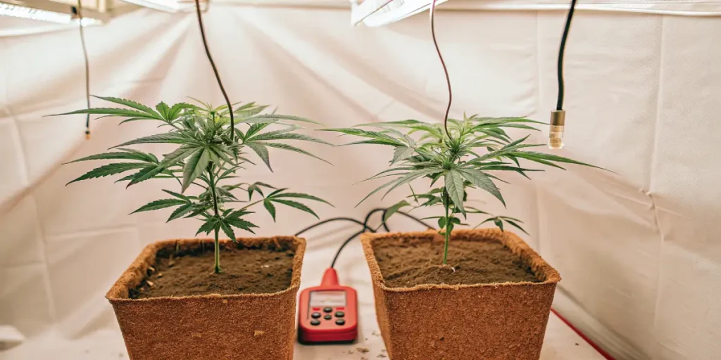 jeunes plants de cannabis cultivés en intérieur sous lumière contrôlée.