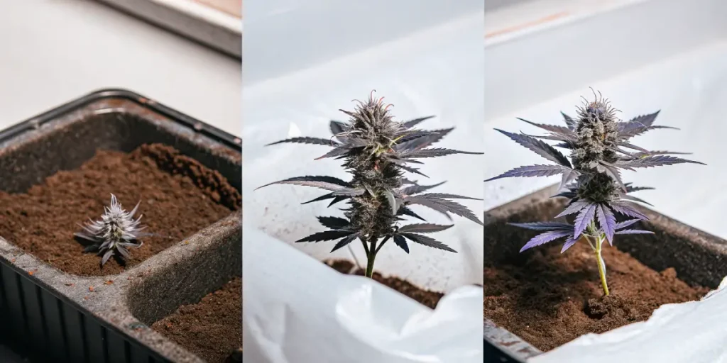 séquence macro montrant l’évolution d’une plante de cannabis purple avec trichomes.