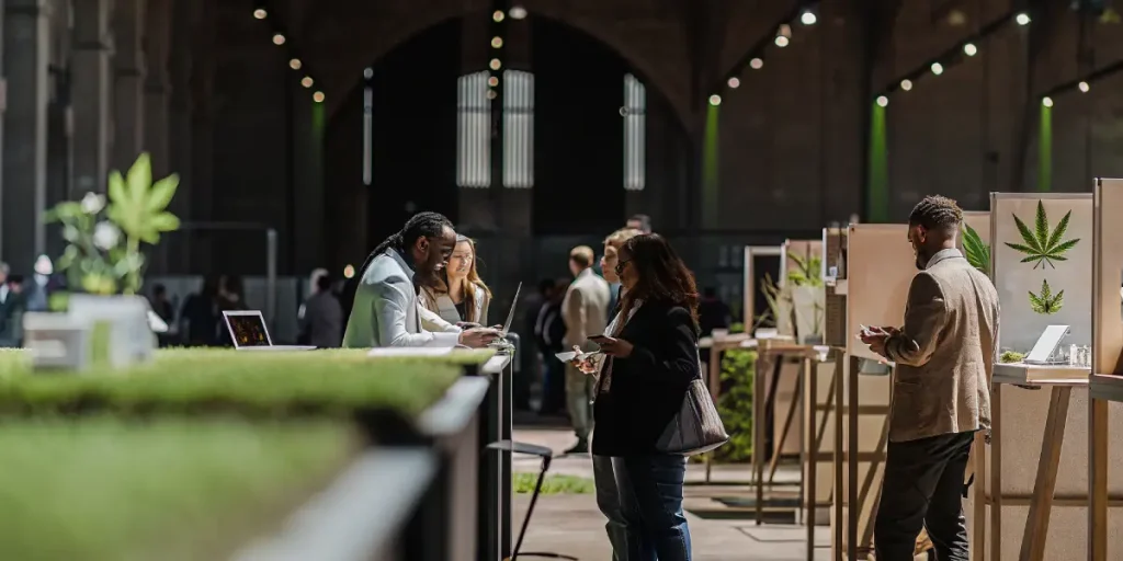 Des visiteurs explorent des présentations de produits à base de cannabis et échangent lors d’une grande exposition professionnelle.
