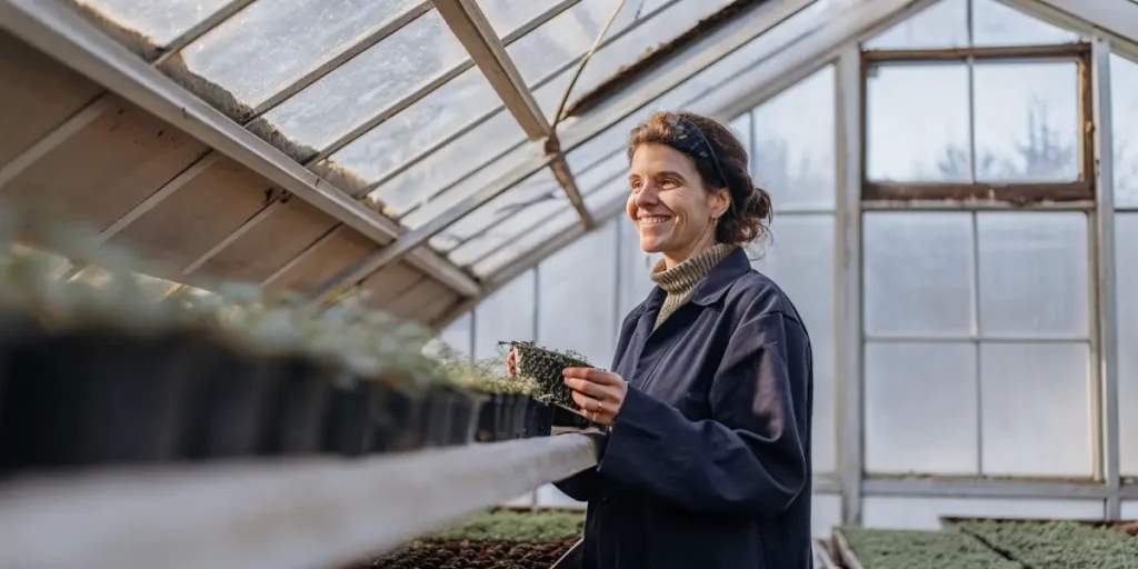 Femme jardinière souriante observant des plants de cannabis dans une serre.
