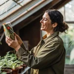 Femme souriante tenant un paquet de graines dans une serre lumineuse.