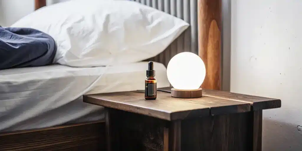 Flacon d’huile de CBD à côté d’une lampe sphérique sur une table de nuit en bois.