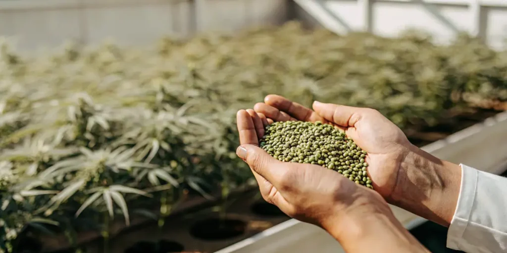 un cultivateur tient une poignée de graines de cannabis dans ses mains à l’intérieur d’une serre.
