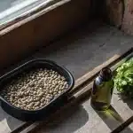 un bol de graines de cannabis, une bouteille d’huile et des feuilles fraîches posés sur une table en bois.