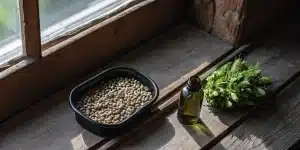 un bol de graines de cannabis, une bouteille d’huile et des feuilles fraîches posés sur une table en bois.