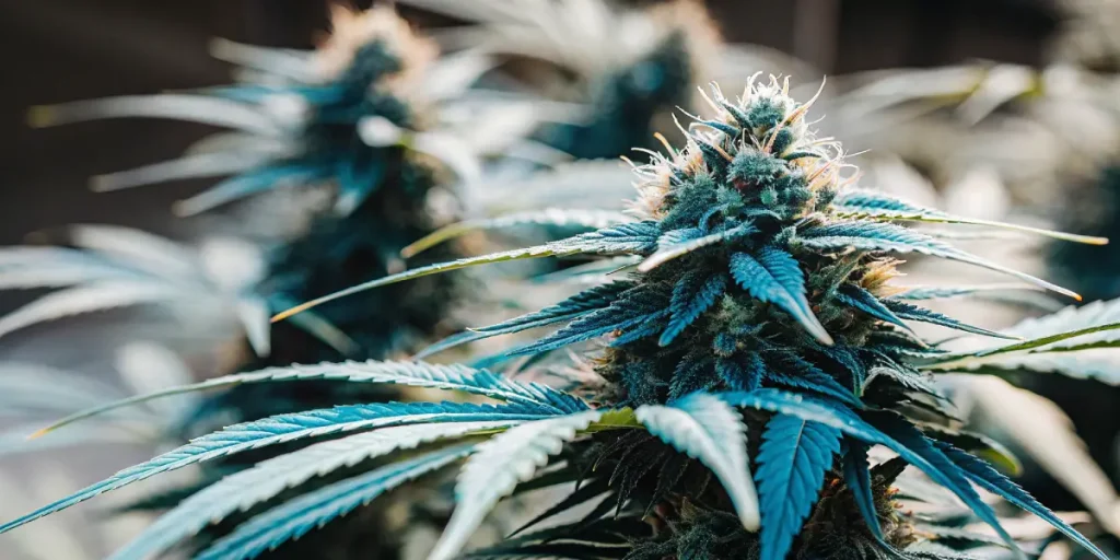 gros plan d’un bourgeon de cannabis Blueberry Kush couvert de trichomes.