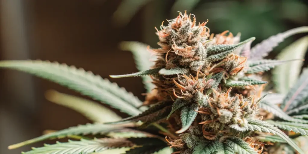 gros plan d’un bourgeon de cannabis Blueberry aux pistils orange et trichomes denses.