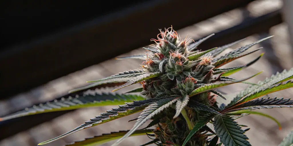 gros plan sur un bourgeon de cannabis mûr couvert de trichomes.