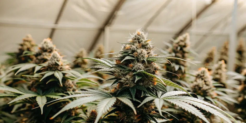 gros plan d’un bourgeon de cannabis Blue Dream en pleine floraison.