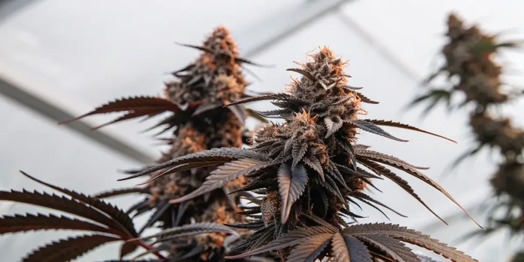 gros plan d’un plant de cannabis Bruce Banner #2 aux feuilles violettes et trichomes denses.