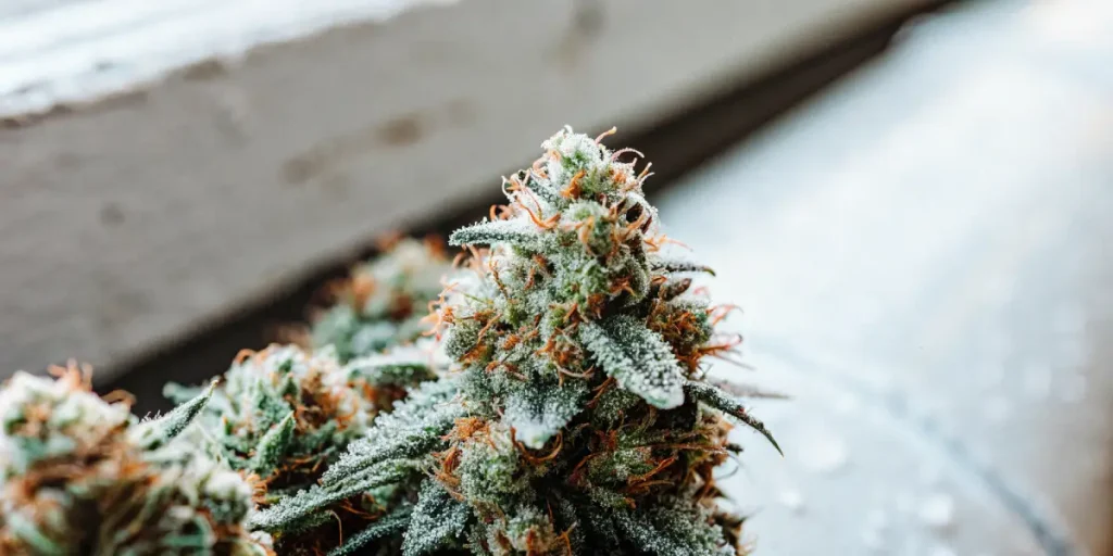 gros plan d’un bourgeon de Bruce Banner #2 couvert de trichomes givrés et de pistils orange.