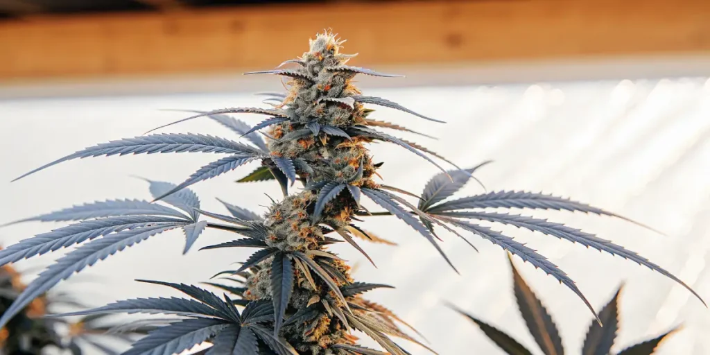 gros plan d’un plant de cannabis Bruce Banner #2 aux pistils orange et feuilles violettes.