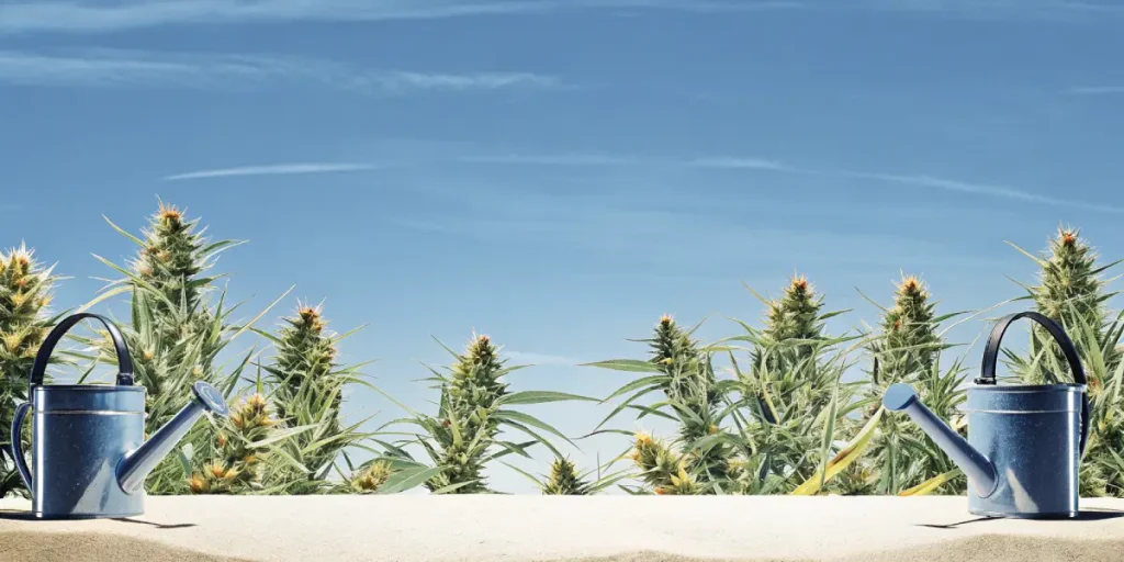 jardin extérieur de cannabis avec arrosoirs métalliques et plantes en floraison.