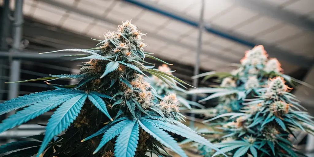 gros plan de bourgeons de cannabis bleutés avec pistils orange en culture intérieure.