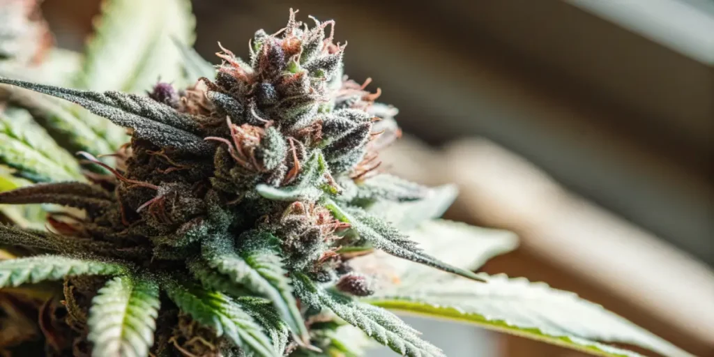 macro de bourgeon de cannabis Blueberry avec trichomes givrés et reflets pourpres.