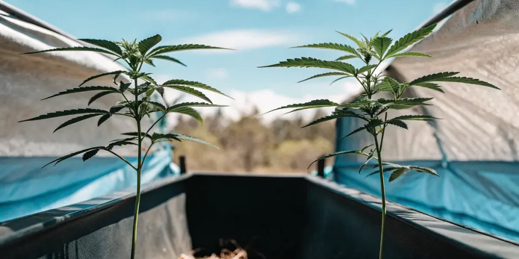 jeunes plants de cannabis dans une serre bleue sous un ciel ensoleillé.