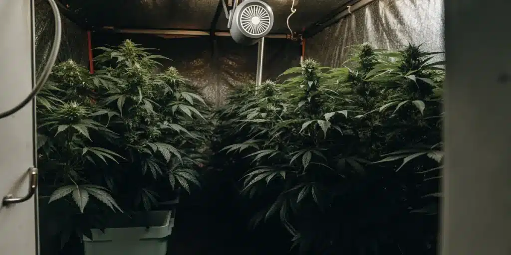 grande salle de culture intérieure de cannabis avec ventilation et éclairage.