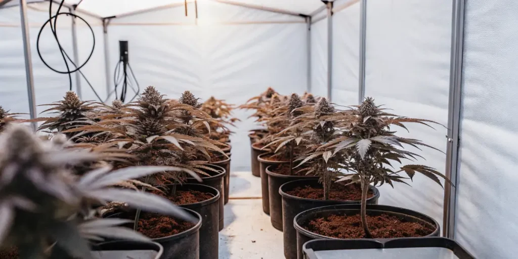 salle de culture de cannabis avec pots noirs et plantes matures sous lumière blanche.