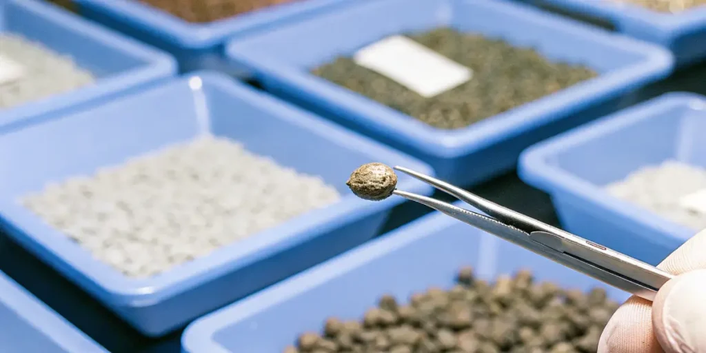 graine de cannabis saisie avec une pince dans un laboratoire de sélection.