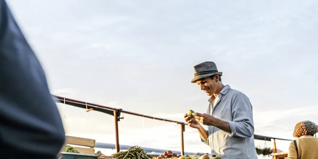 un agriculteur examine un légume sur un marché en plein air sous un ciel clair.