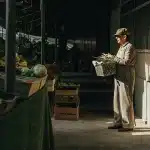 un agriculteur tient un panier de légumes frais dans un marché couvert.
