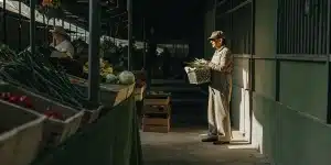 un agriculteur tient un panier de légumes frais dans un marché couvert.