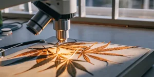 Analyse microscopique d’une feuille de cannabis séchée placée sous un microscope en laboratoire scientifique.