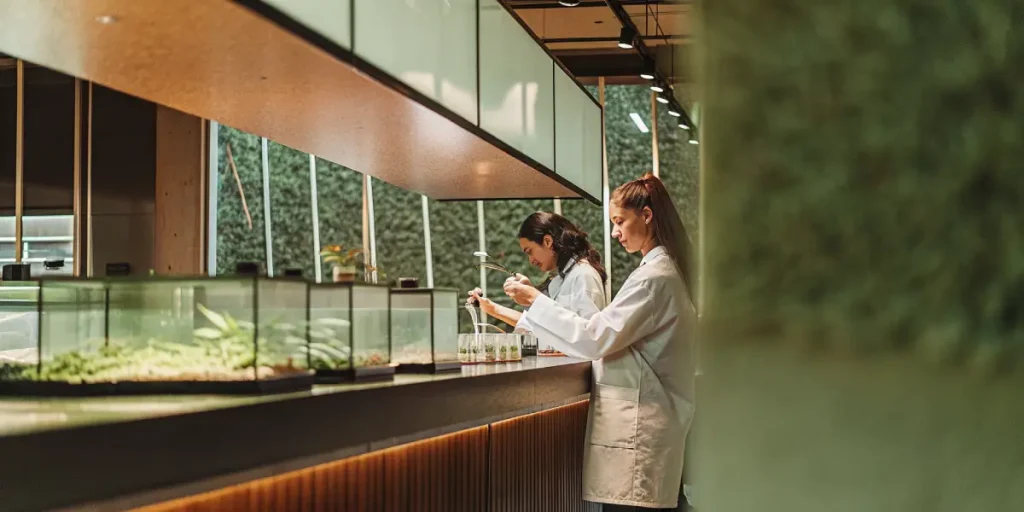 Analyse scientifique de plantes par des chercheuses en blouse dans un laboratoire moderne avec équipements et échantillons végétaux.
