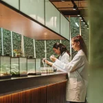 Analyse scientifique de plantes par des chercheuses en blouse dans un laboratoire moderne avec équipements et échantillons végétaux.