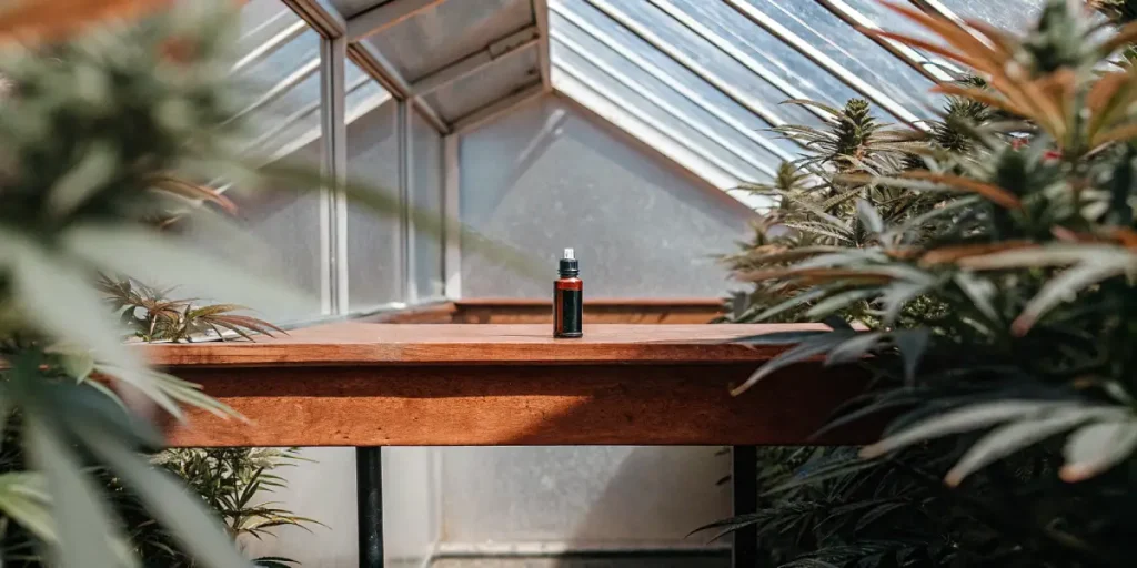 flacon d'antioxydants posé sur une table en bois au cœur d'une serre de culture intérieure de cannabis
