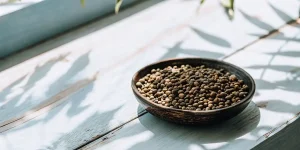 Bol en bois rempli de graines de cannabis posé sur une table claire, éclairé par la lumière naturelle près d’une fenêtre.