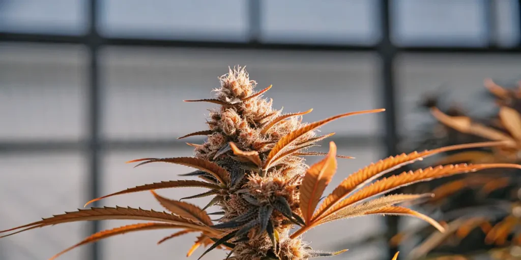 Bourgeon de cannabis mature avec feuilles orangées et trichomes visibles en fin de floraison