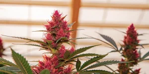 gros plan sur une plante de cannabis Bubba Kush Auto aux fleurs roses sous serre.