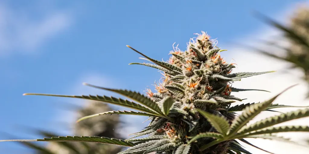 gros plan sur un bourgeon de cannabis Bubblegum Cookies cultivé en extérieur sous ciel bleu.