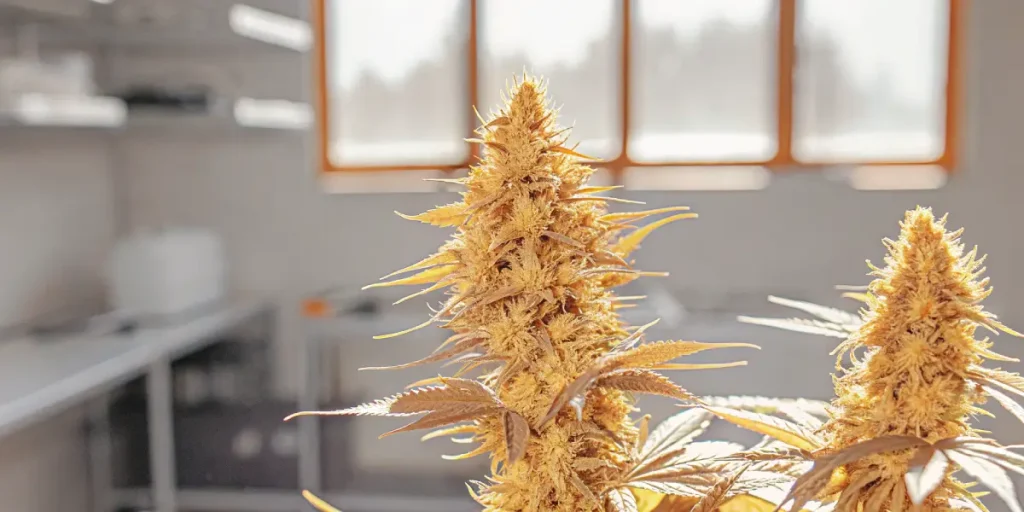 Fleurs de cannabis maturées sous lumière intense en laboratoire, recouvertes de trichomes brillants.