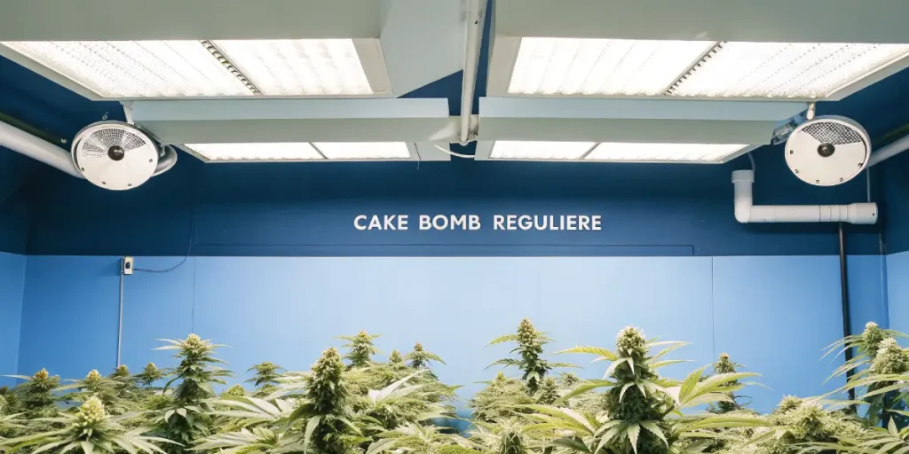 Culture intérieure de cannabis Cake Bomb Régulière avec éclairage LED et murs bleus.