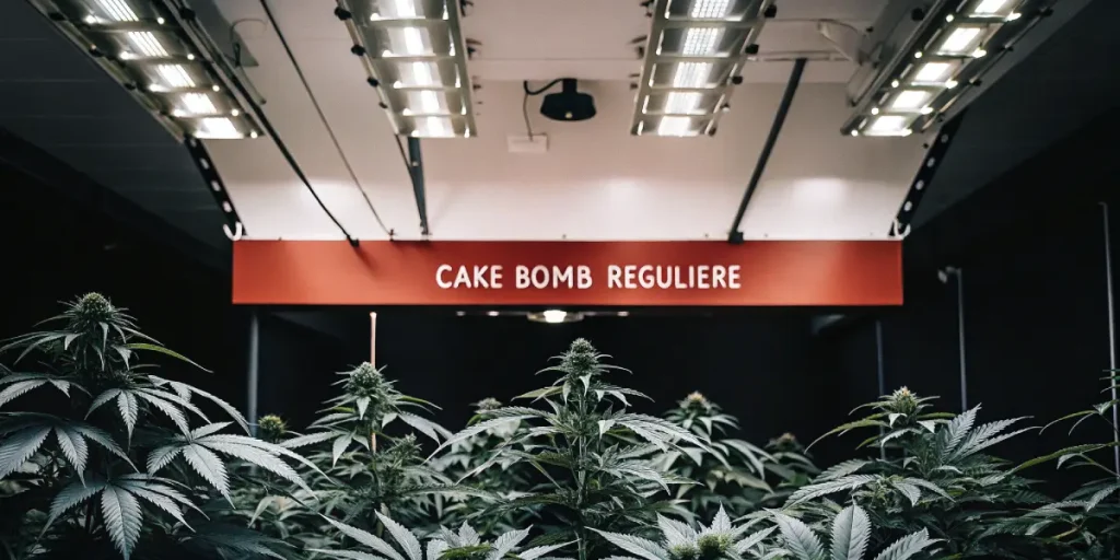 Salle de culture de cannabis Cake Bomb Régulière sous éclairage LED avec plantes en pleine floraison.