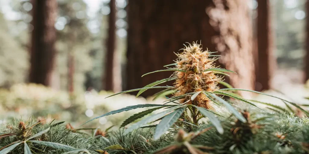 Fleur de cannabis dorée poussant en pleine nature dans une forêt, capturée sous une lumière naturelle.