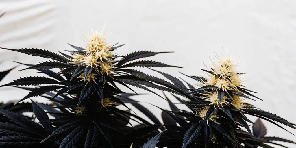 Gros plan sur des têtes de cannabis noires avec pistils clairs et résine abondante.