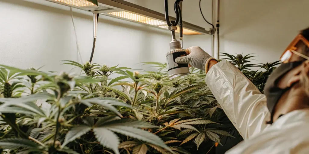 Feuille de cannabis orange couverte de gouttes d’eau dans un décor automnal.