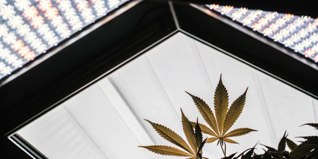 Feuilles de cannabis sous éclairage LED moderne dans une serre intérieure