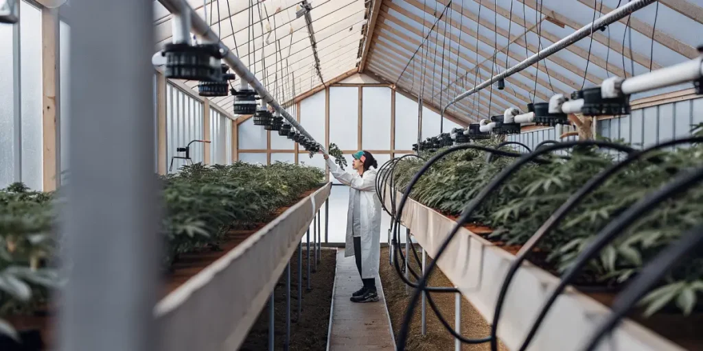 Chercheur inspectant des plants de cannabis sous un système d'irrigation automatisé dans une serre lumineuse.