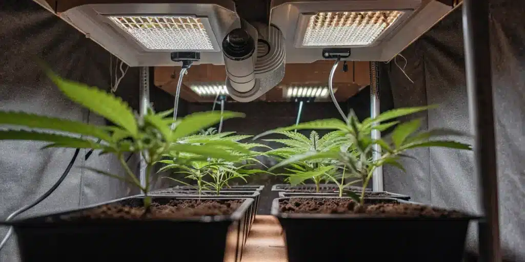 Jeunes plants de cannabis cultivés en intérieur sous lampes LED dans une tente de culture.