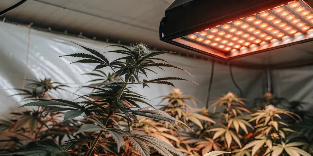Plante de cannabis en floraison éclairée par une lampe LED rouge dans une salle de culture intérieure