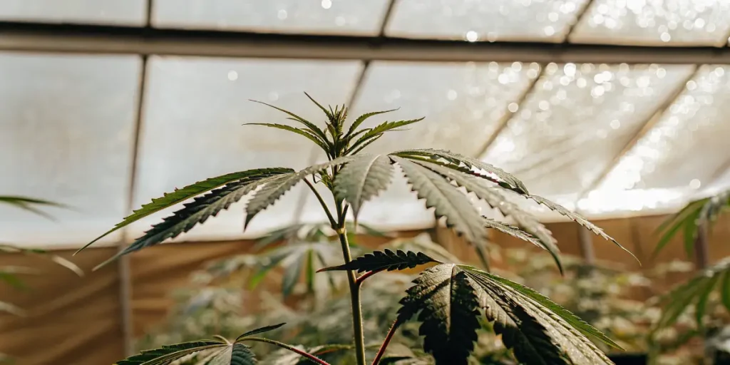 Feuilles de cannabis rouges illuminées par la lumière du soleil dans une serre moderne.