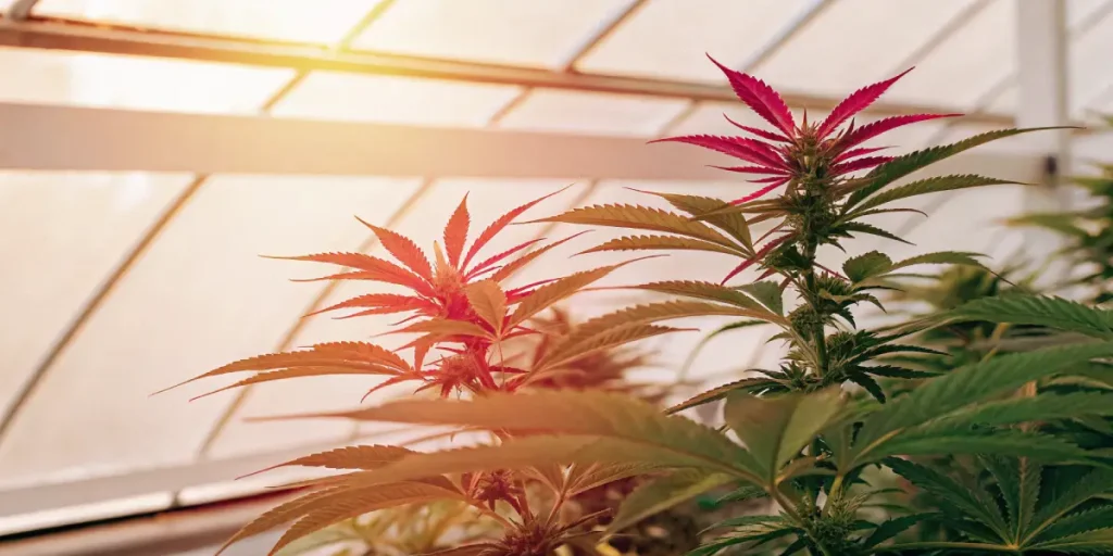 Plante de cannabis aux feuilles rouges éclatantes éclairée par la lumière du soleil dans une serre.
