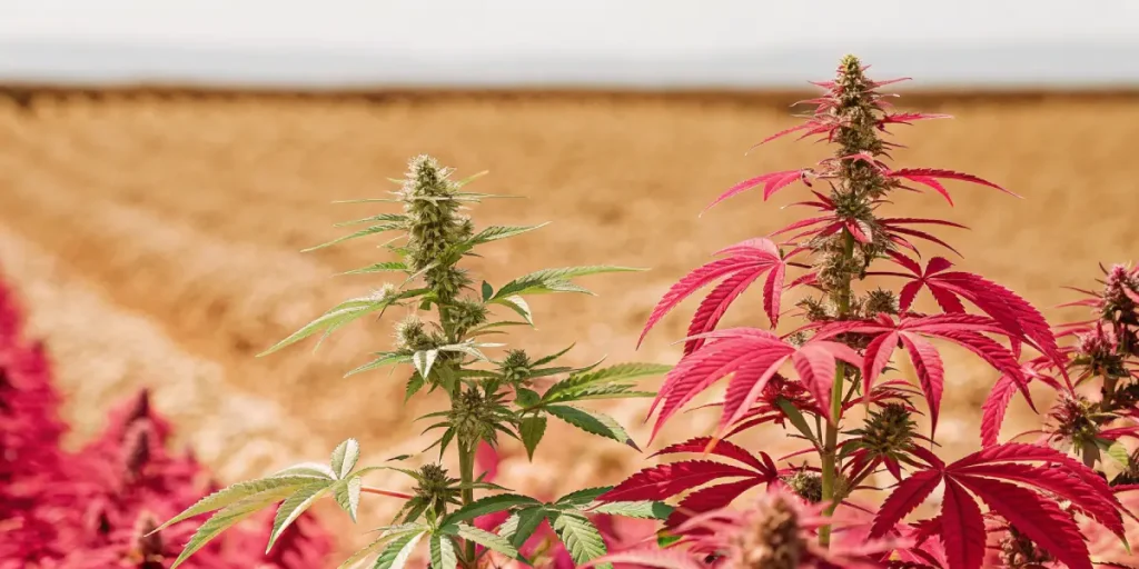 champ de cannabis Bruce Banner x avec feuilles rouges et vertes en extérieur.