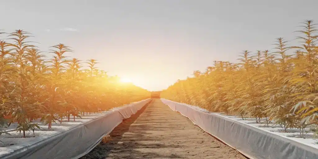 Champ de cannabis cultivé en rangées symétriques sous lumière du soleil couchant.