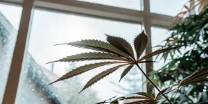 feuille de cannabis saine éclairée par la lumière naturelle près d’une fenêtre