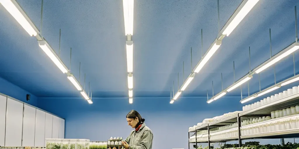 un chercheur travaille dans un laboratoire de culture végétale sous lumière LED.